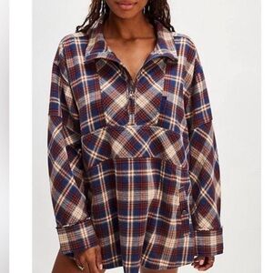 Free People We The Free Wind River Plaid Flannel Pullover Top Size Medium